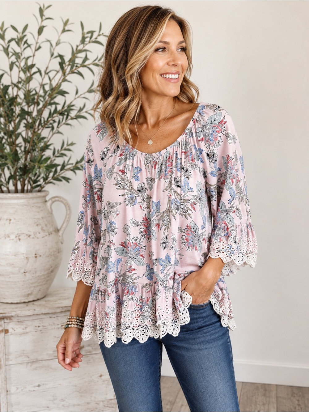 Fever Off The Shoulder Eyelet Ruffle Floral Boho Peasant Blouse Small